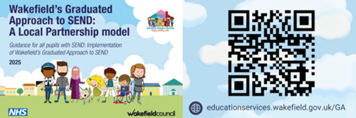 Range of different people. Text reads Wakefield Graduated Approach to SEND: A local partnership model. Guidance for all pupils with SEND. Implementation of Wakefield's Graduated Approach to SEND.