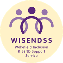 Pale yellow circle with three purple figures joined together. WISENDSS stands for Wakefield Inclusion and SEND Support Service
