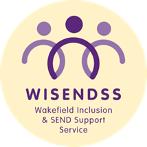 Pale yellow circle with three purple figures joined together. WISENDSS stands for Wakefield Inclusion and SEND Support Service