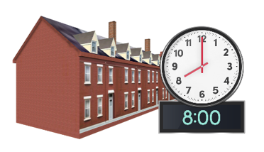 Terraced houses with a clock saying 8 o clock